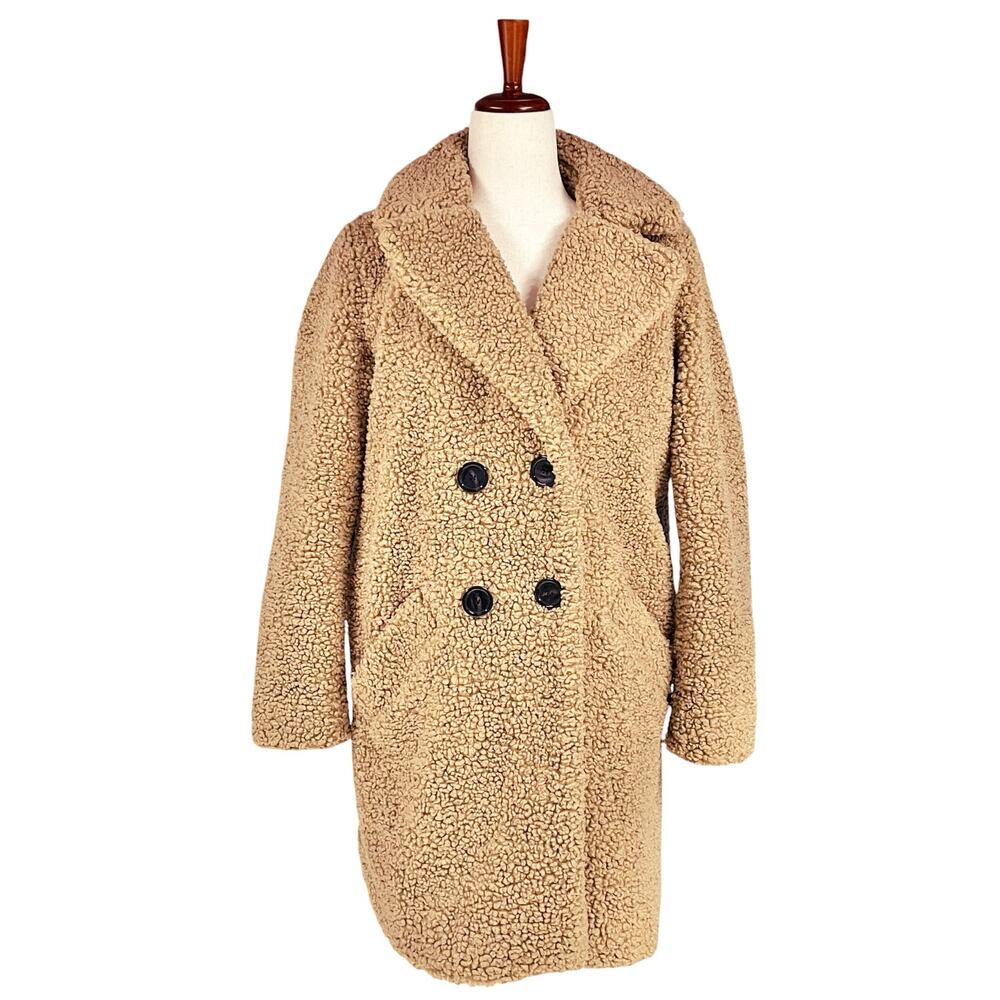 ZARA Long Teddy Jacket Double-Breasted Sherpa Coat Camel Tan Pockets Size S